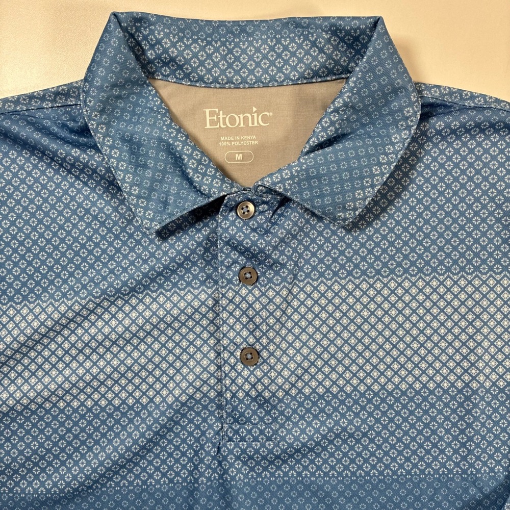 NEW Etonic Polo Shirt Medium Blue Geometric Diamond Print Performance Golf